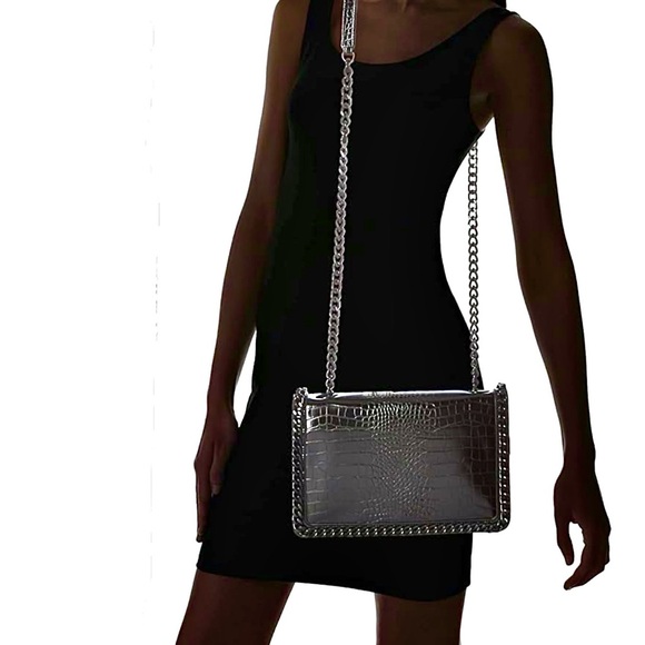 Aldo Black Crocodile Embossed Black Metal Chain Crossbody Bag and Handbag NWOT - Picture 4 of 12